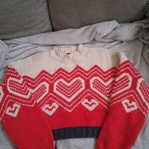 Free People Red and Cream Geometric Sweater